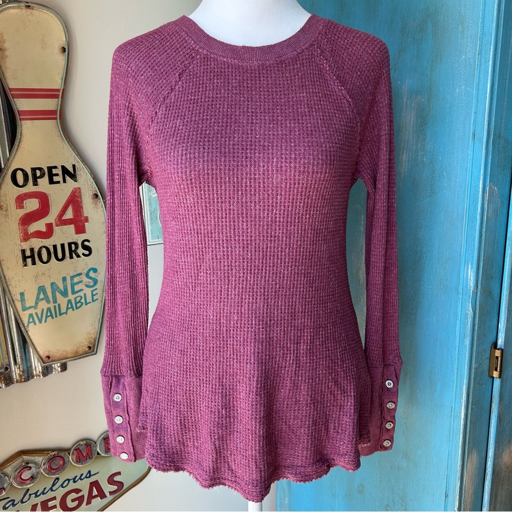 Dylan Waffle Knit Long Sleeve Crew Neck Top Casual Loungewear with Button Cuffs